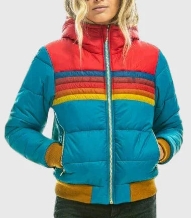 Women's Striped Quilted Zip-Up Puffer Jacket – Rainbow Stripes
