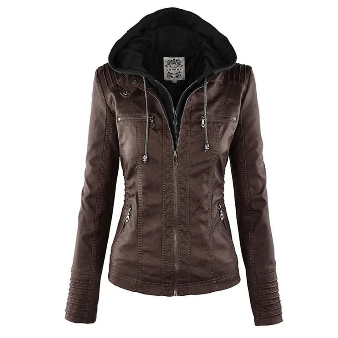 Women's Zip-Up Hood Leather Jacket – Zippered Pockets