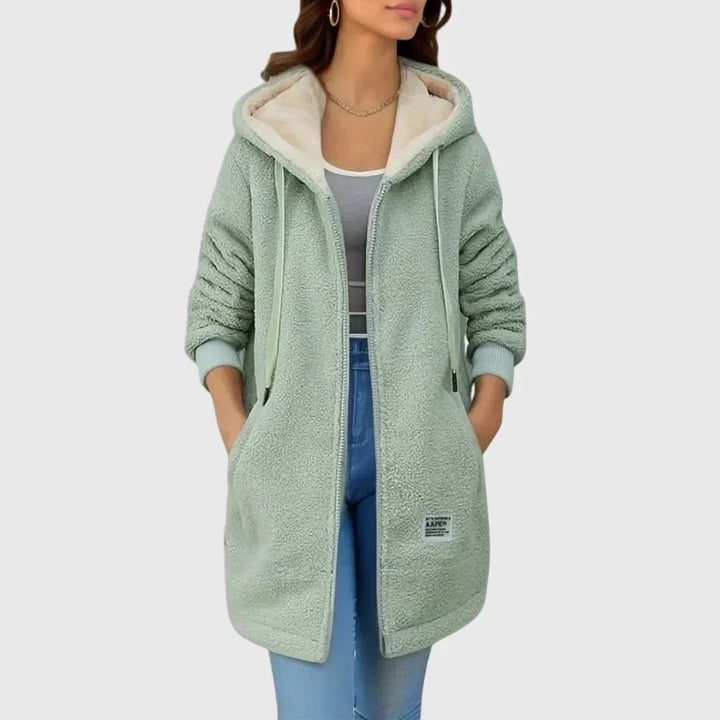 Women's Borg Zip-Up Hood Long Coat – Drawstring