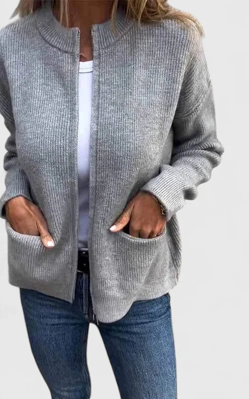 Women's Ribbed Zip-Up Stand Collar Cardigan – Front Patch Pockets
