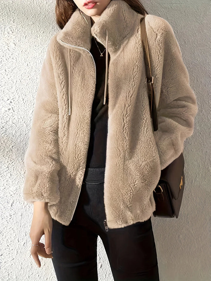 Women's Borg Zip-Up Stand Collar Jacket – Drawstring