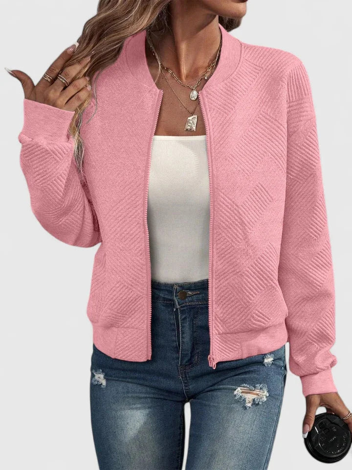 Women's Knit Zip-Up Stand Collar Bomber Jacket – Chevron Textured