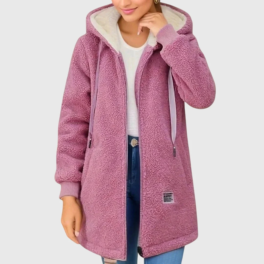 Women's Borg Zip-Up Hood Long Coat – Drawstring
