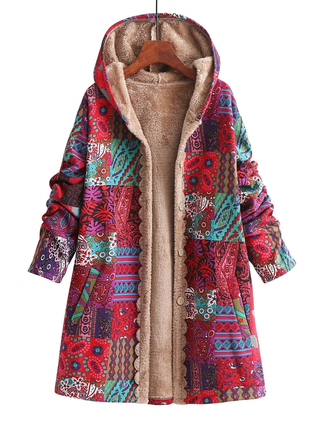 Women's Borg Button-Front Hood Parka – Patchwork Print
