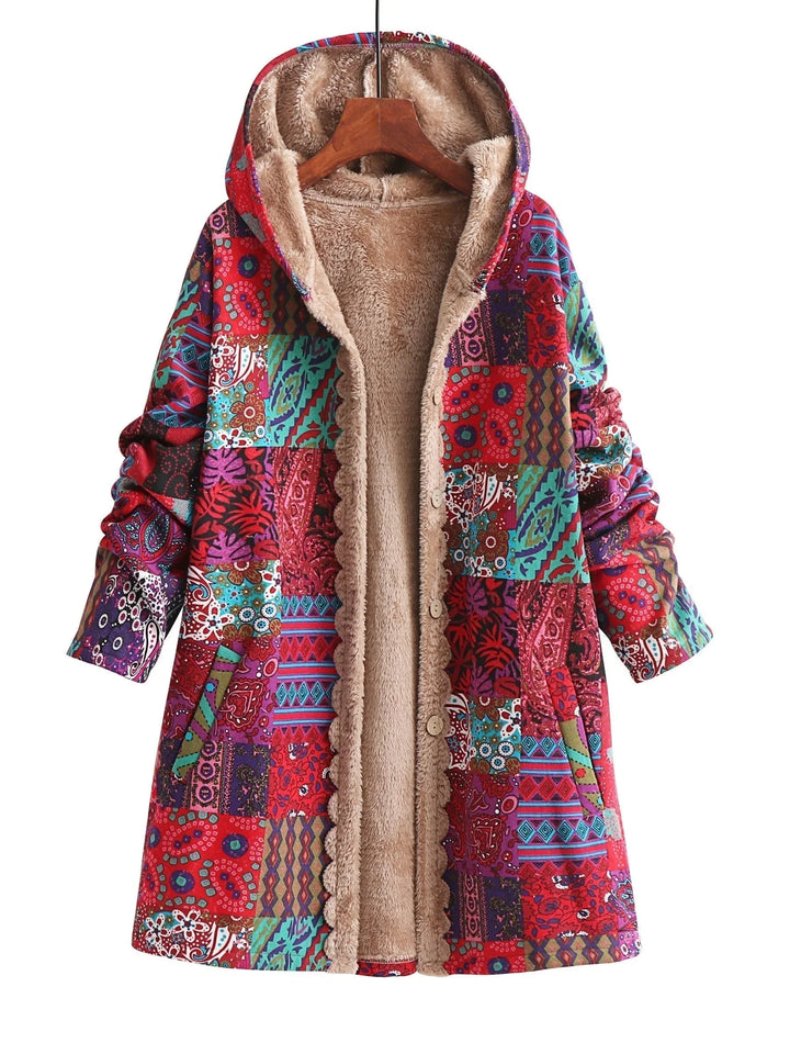 Women's Borg Button-Front Hood Parka – Patchwork Print