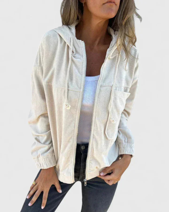 Women's Corduroy Zip-Up Hood Jacket – Elasticated Cuffs And Hem