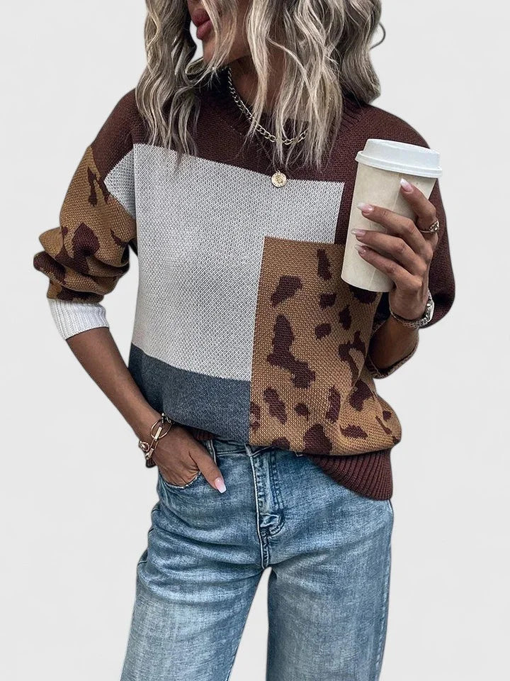 Women's Colourblock Knit Crew Neck Jumper – Leopard Print Panels