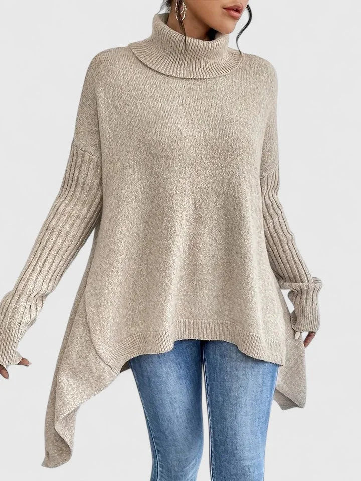 Women's Knit Roll Neck Jumper – Asymmetrical High-Low Hem