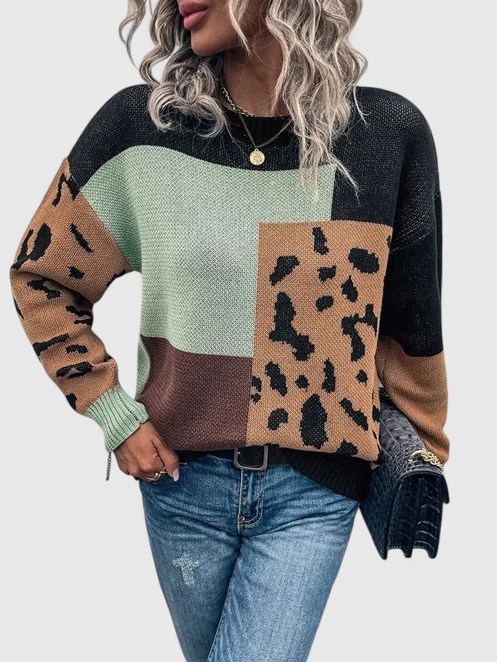 Women's Colourblock Knit Crew Neck Jumper – Leopard Print Panels