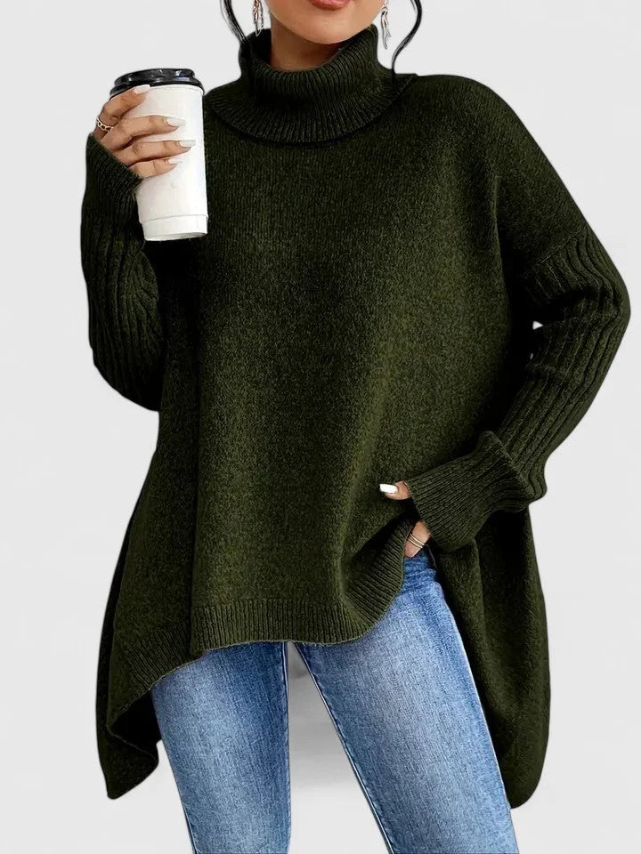 Women's Knit Roll Neck Jumper – Asymmetrical High-Low Hem