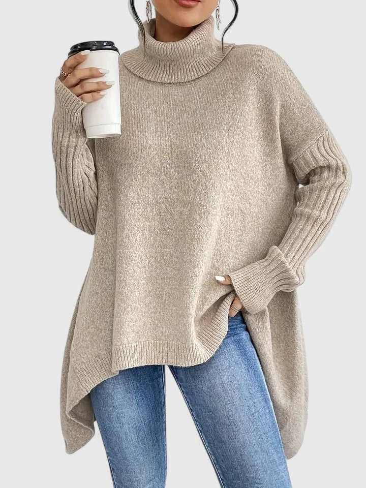 Women's Knit Roll Neck Jumper – Asymmetrical High-Low Hem