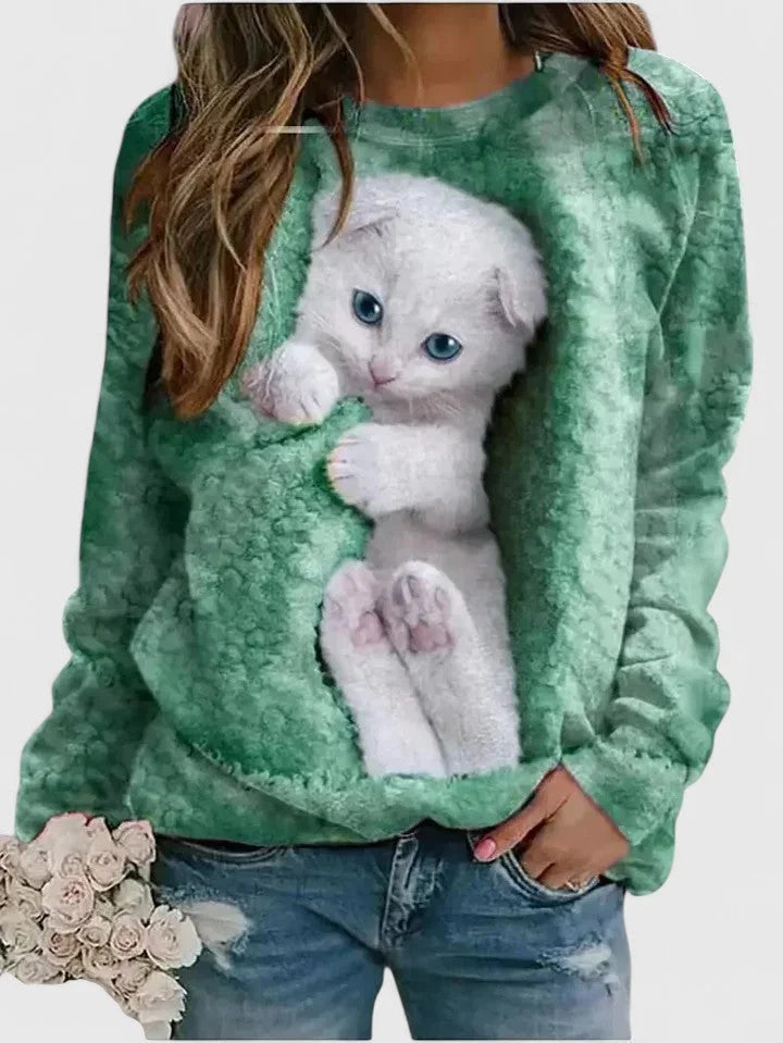 Women's Fleece Crew Neck Sweatshirt – Kitten Graphic Print