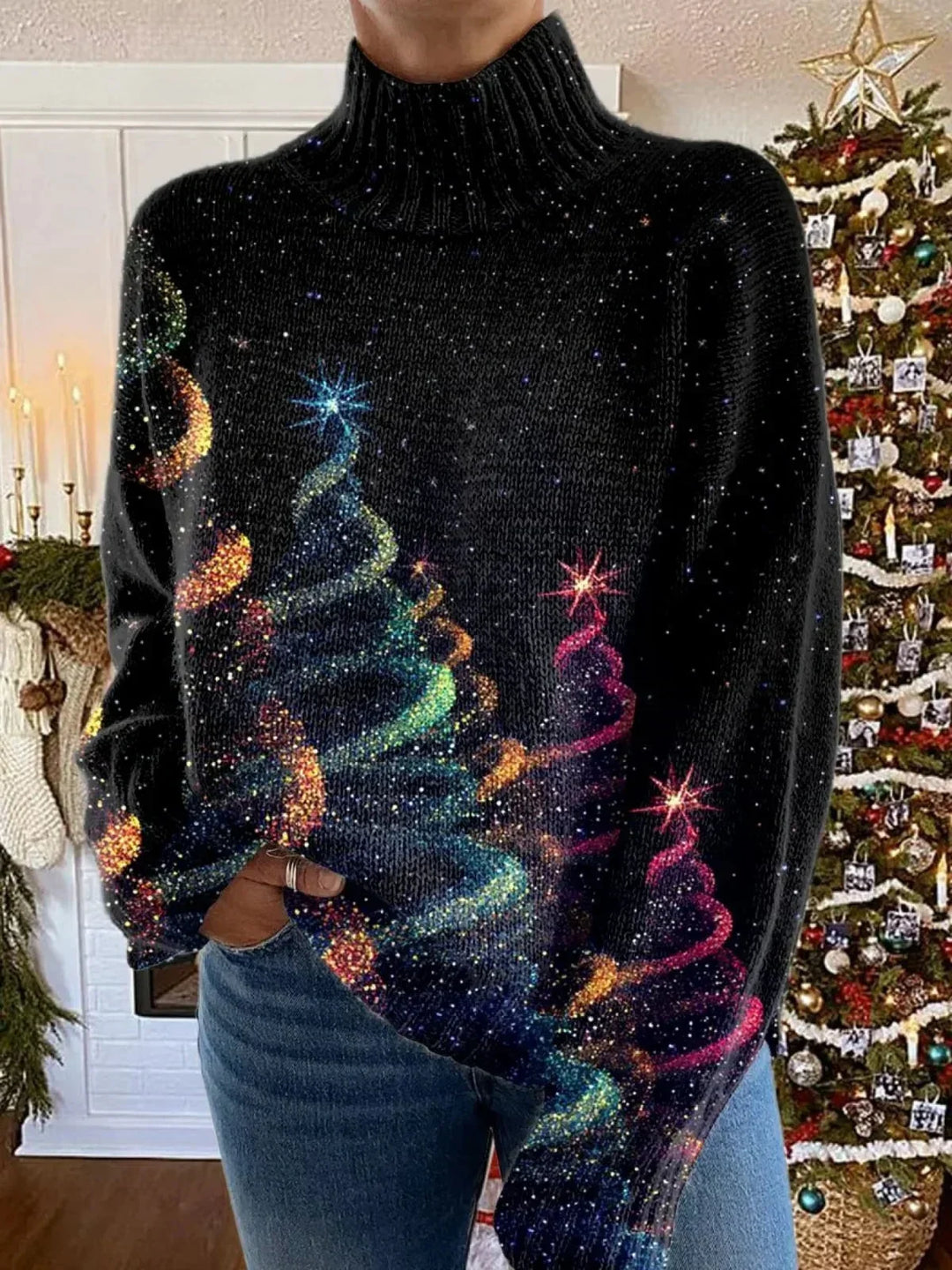 Women's Knitted Turtleneck Glitter Tree Oversized Jumper
