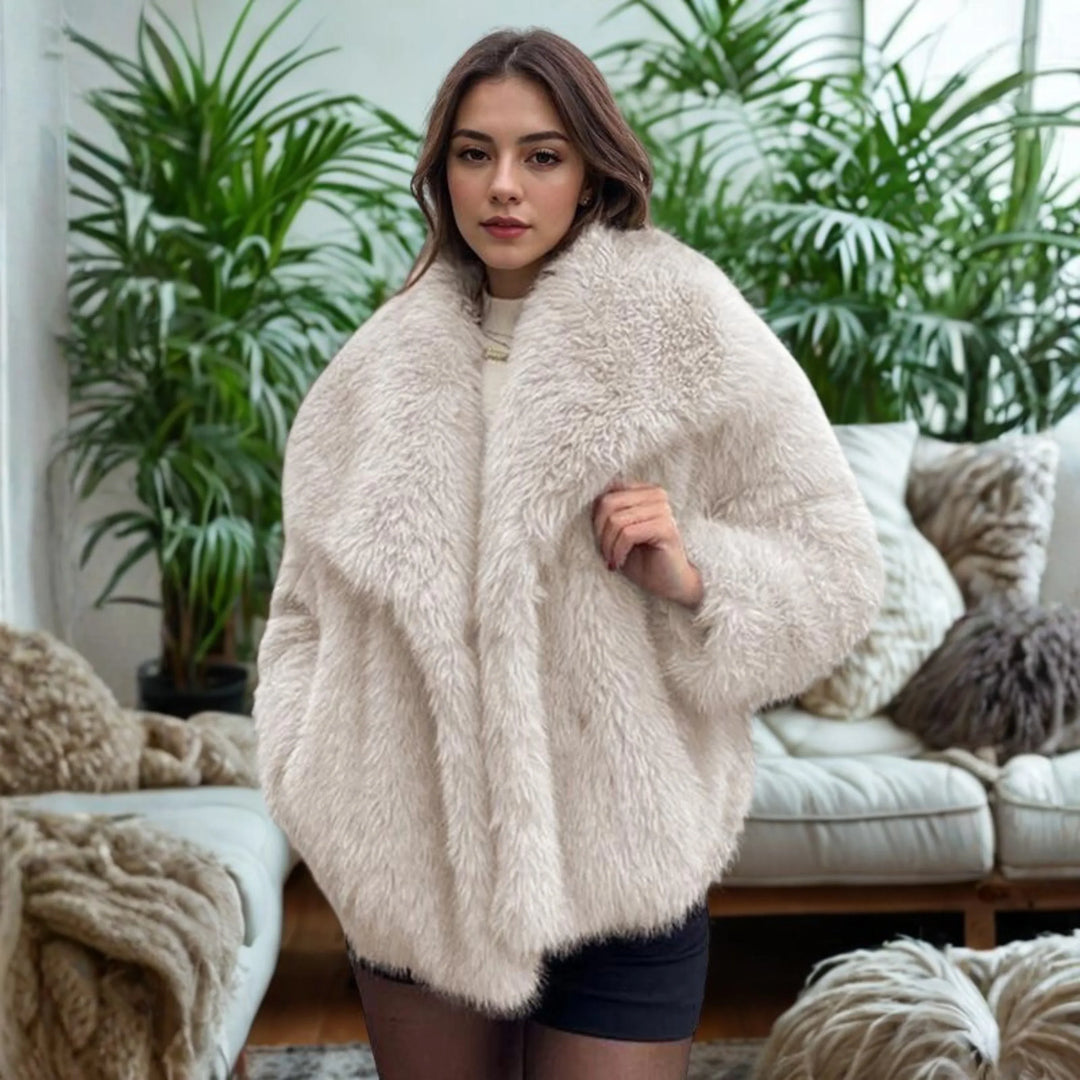 Women's Long Sleeve Collared Fuzzy Coat