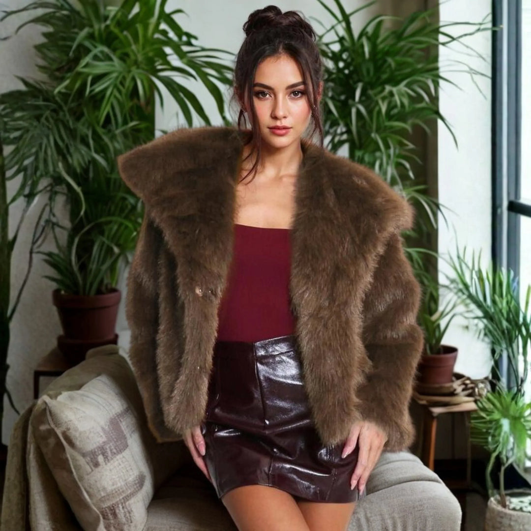 Women's Long Sleeve Collared Fuzzy Coat