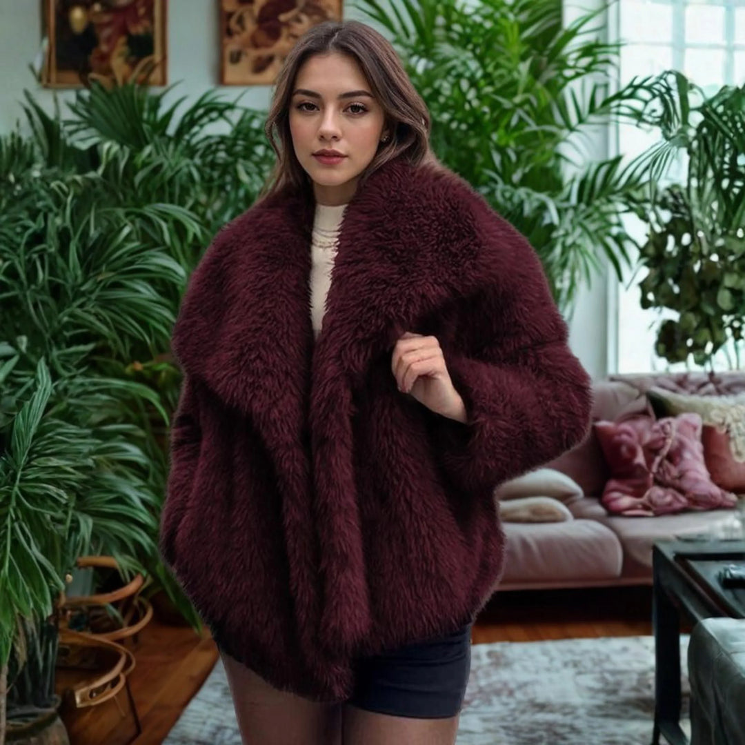 Women's Long Sleeve Collared Fuzzy Coat