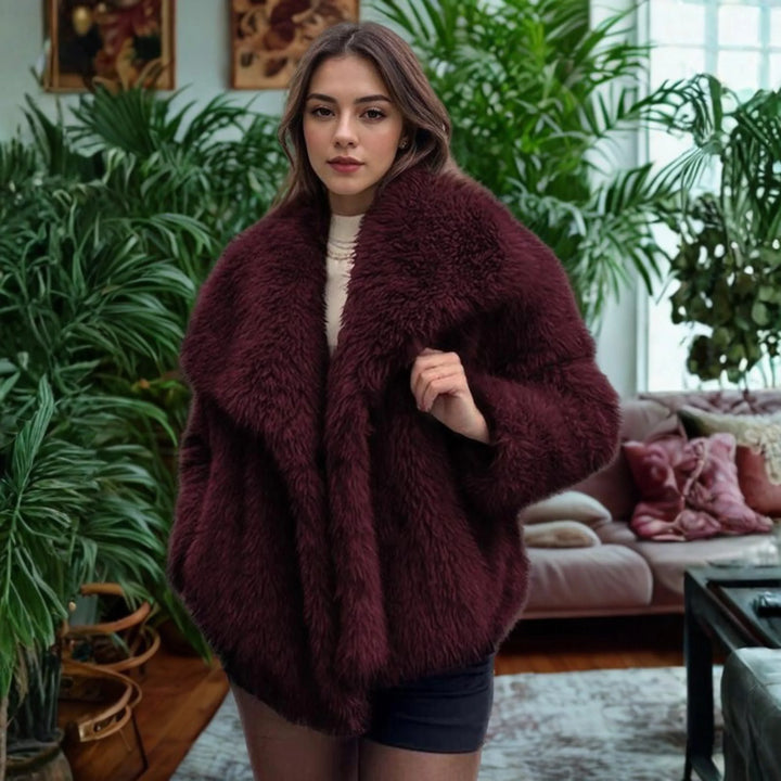 Women's Long Sleeve Collared Fuzzy Coat