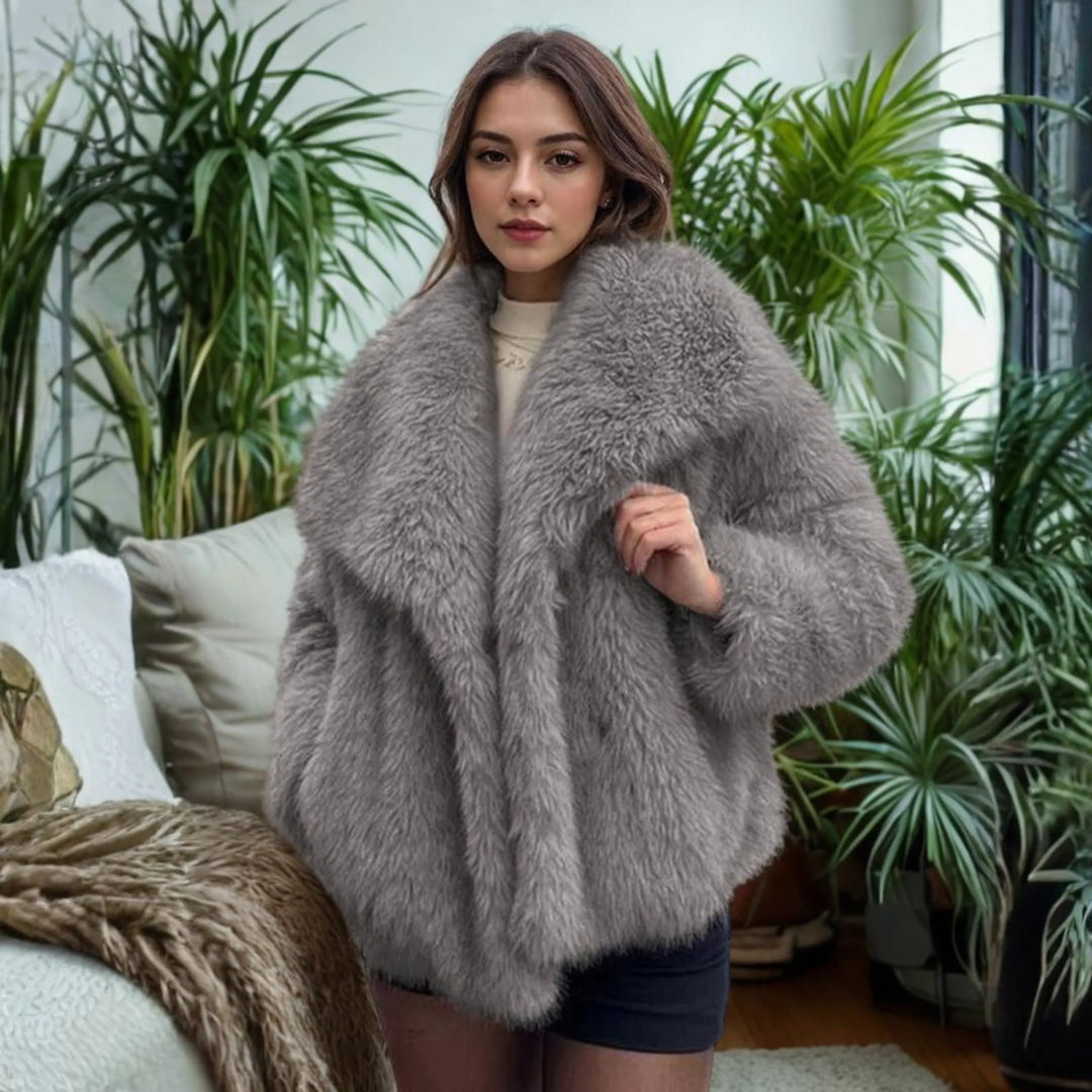Women's Long Sleeve Collared Fuzzy Coat