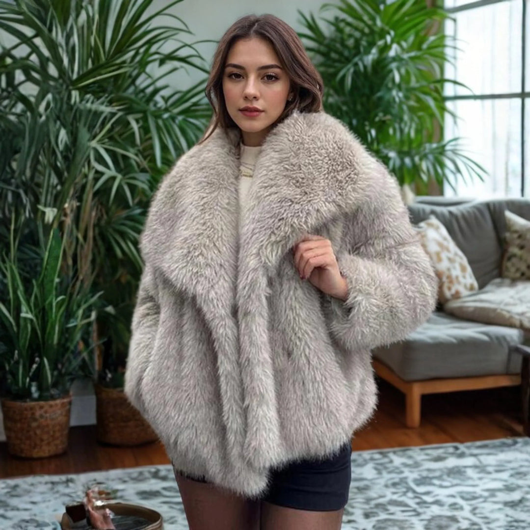 Women's Long Sleeve Collared Fuzzy Coat