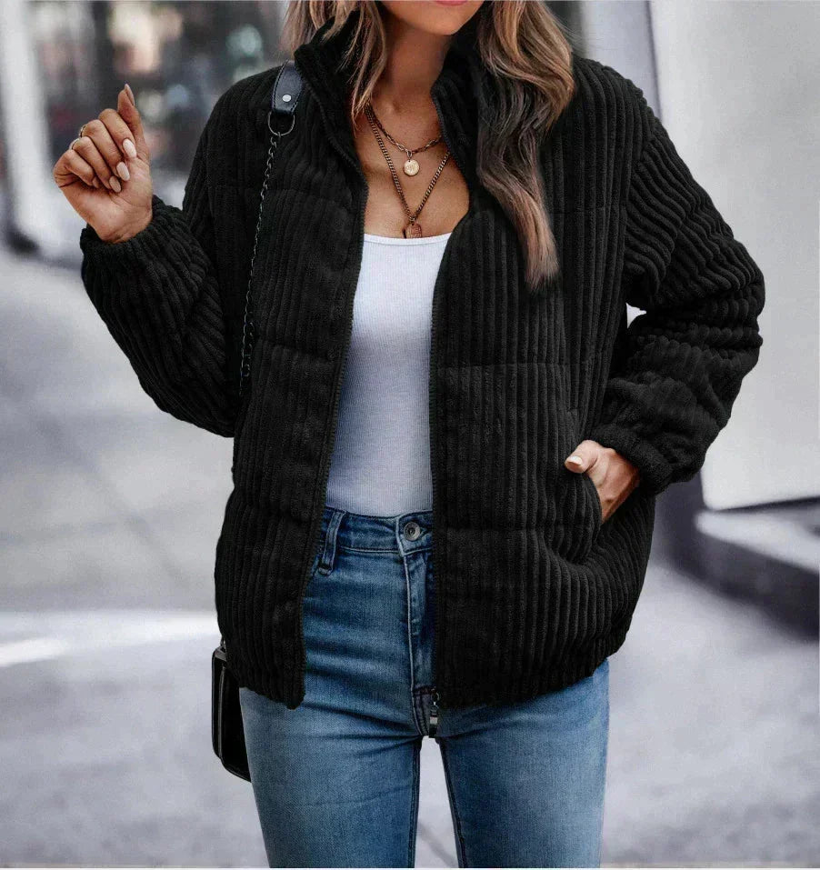 Women's Ribbed Puffer Jacket Relaxed Fit Stand Collar