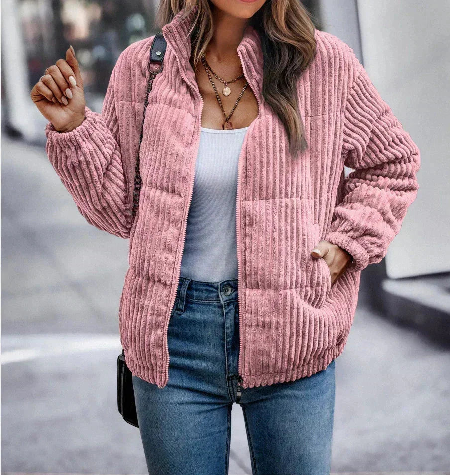 Women's Ribbed Puffer Jacket Relaxed Fit Stand Collar