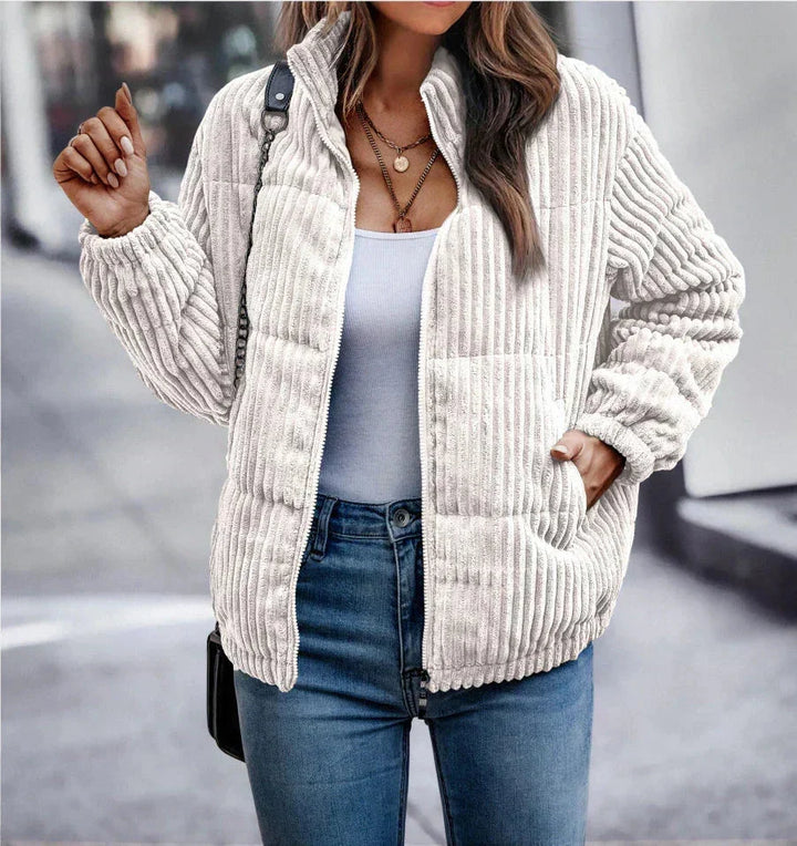 Women's Ribbed Puffer Jacket Relaxed Fit Stand Collar