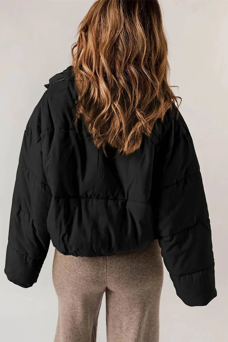 Women's Cropped Puffer Jacket – Stand Collar And Drawcord Hem