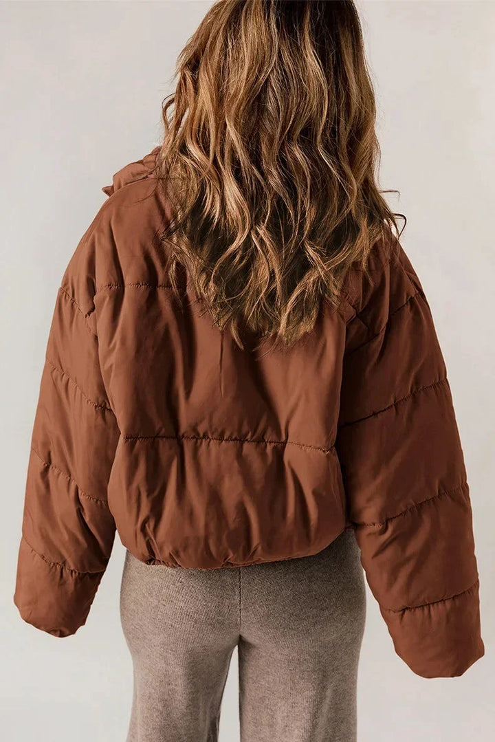 Women's Cropped Puffer Jacket – Stand Collar And Drawcord Hem