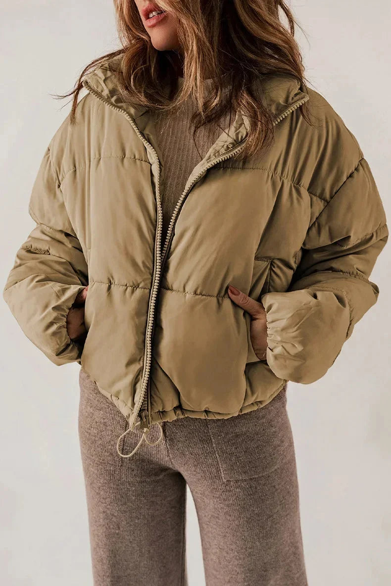 Women's Cropped Puffer Jacket – Stand Collar And Drawcord Hem