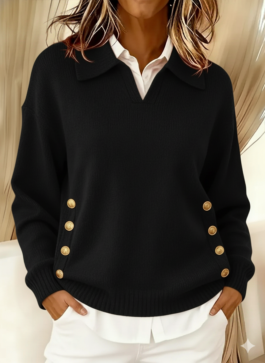 Women's Jumper – Oversized Collared V-Neck Gold Button Polo