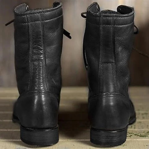 Women's Heeled Leather Lace-Up Combat Boots – Fold-Down Cuff