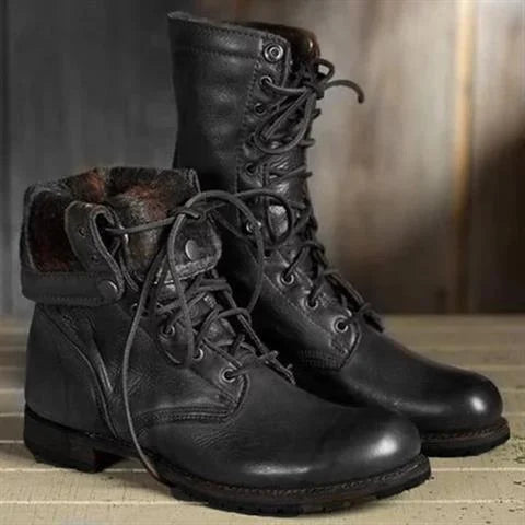 Women's Heeled Leather Lace-Up Combat Boots – Fold-Down Cuff