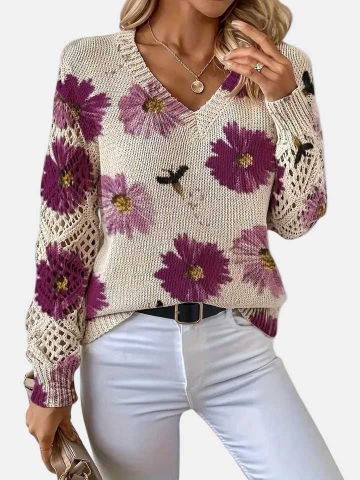 Women's Jumper – Floral Knit V-Neck