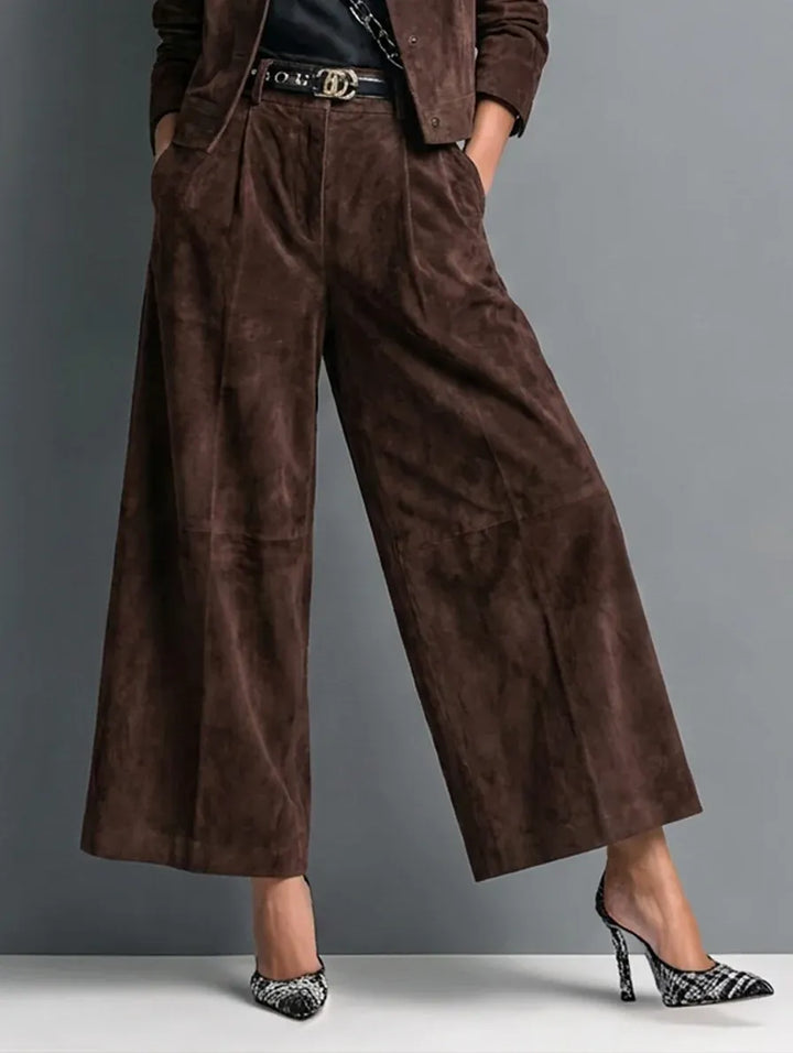 Women's Matching Outfit – Dark Brown Faux Suede Jacket & Wide-Leg Trousers Set