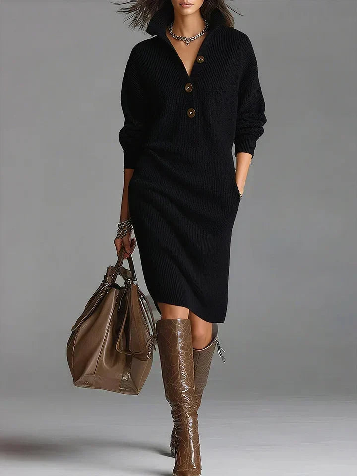 Women's Knitted Dress – Ribbed Collared Midi Winter