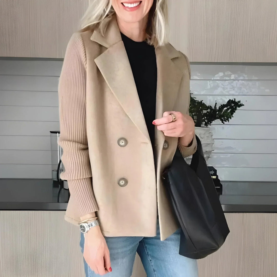 Women's Double Breasted Blazer – Ribbed Knit Sleeves