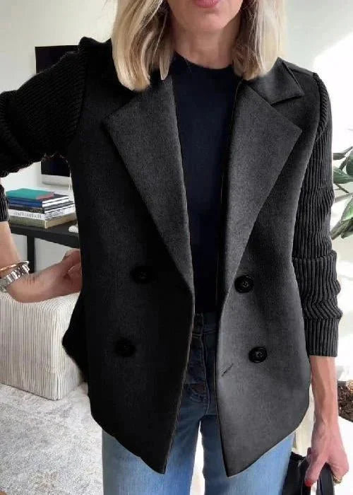 Women's Double Breasted Blazer – Ribbed Knit Sleeves