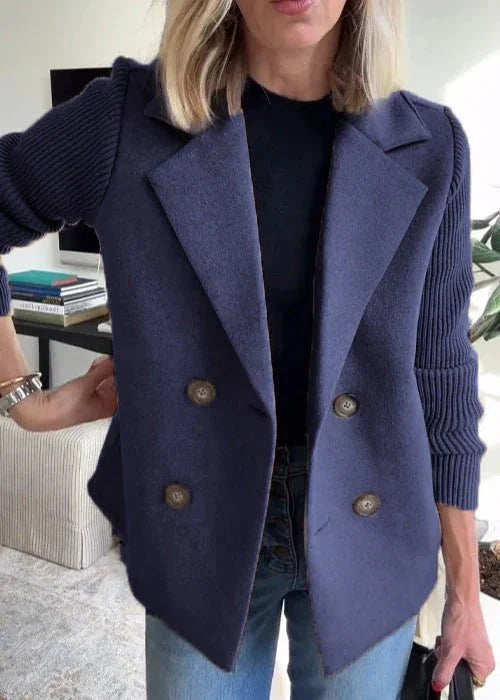 Women's Double Breasted Blazer – Ribbed Knit Sleeves