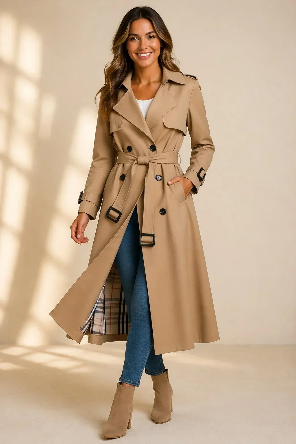Women's Long Double-Breasted Trench Coat – Belt