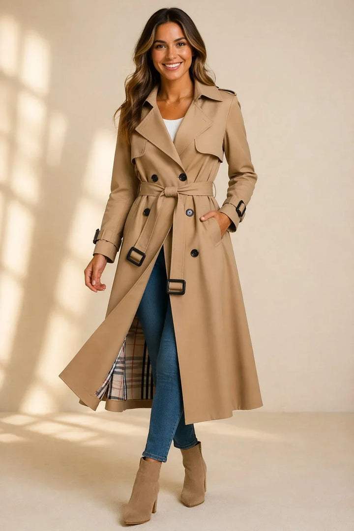 Women's Long Double-Breasted Trench Coat – Belt