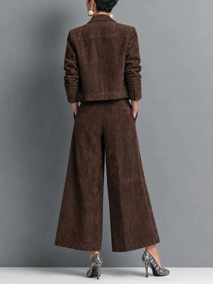 Women's Matching Outfit – Dark Brown Faux Suede Jacket & Wide-Leg Trousers Set