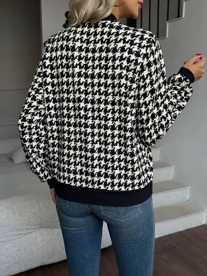 Women's Zip Front Houndstooth Ribbed Bomber Jacket
