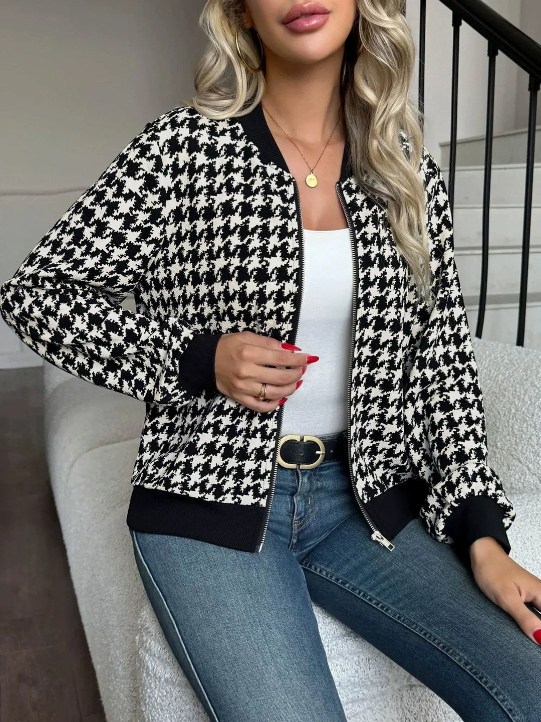 Women's Zip Front Houndstooth Ribbed Bomber Jacket