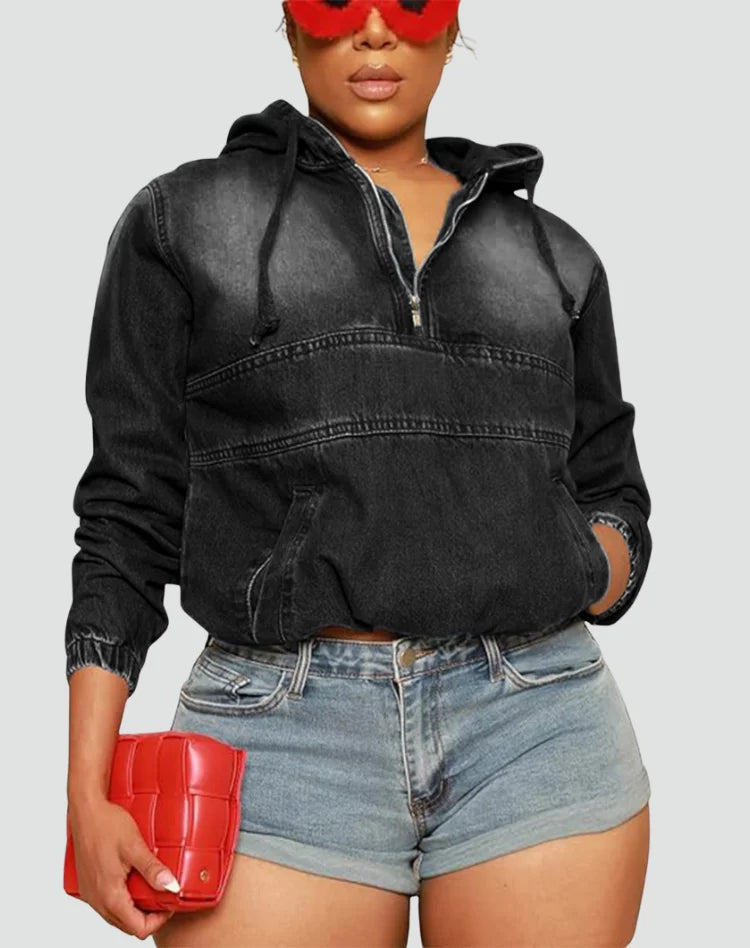 Women's Effortless Denim Hoodie – Half Zip Hooded Long Sleeve Cropped Casual Style