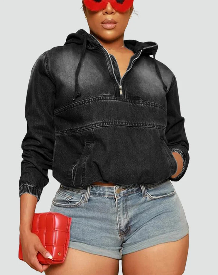 Women's Effortless Denim Hoodie – Half Zip Hooded Long Sleeve Cropped Casual Style