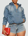 Women's Effortless Denim Hoodie – Half Zip Hooded Long Sleeve Cropped Casual Style
