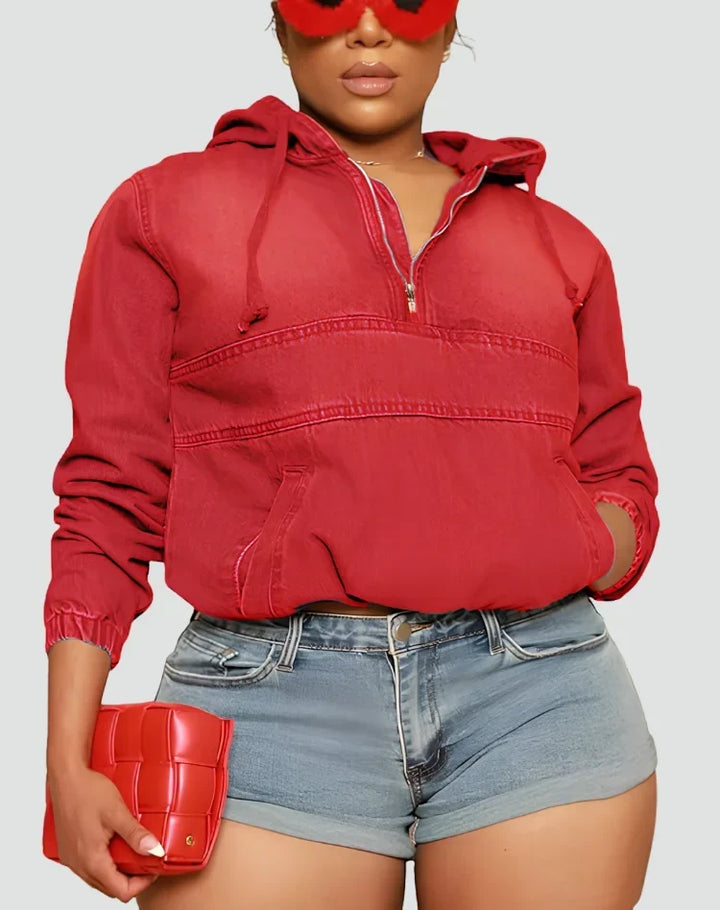 Women's Effortless Denim Hoodie – Half Zip Hooded Long Sleeve Cropped Casual Style