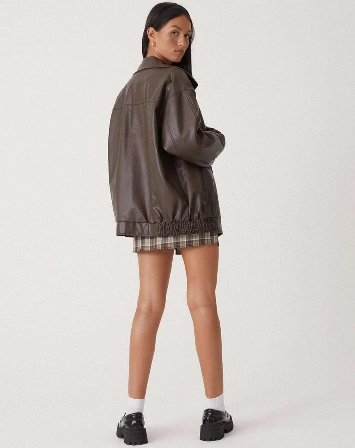 Women's Oversized Faux Leather Jacket, Collared – Front Zip