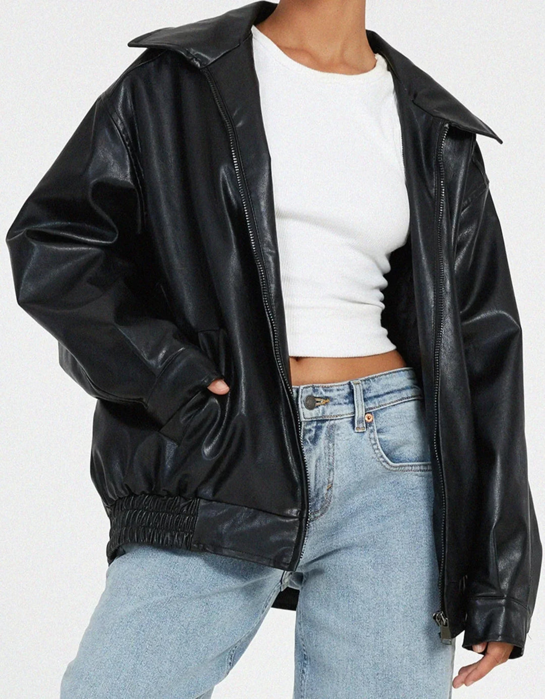Women's Oversized Faux Leather Jacket, Collared – Front Zip