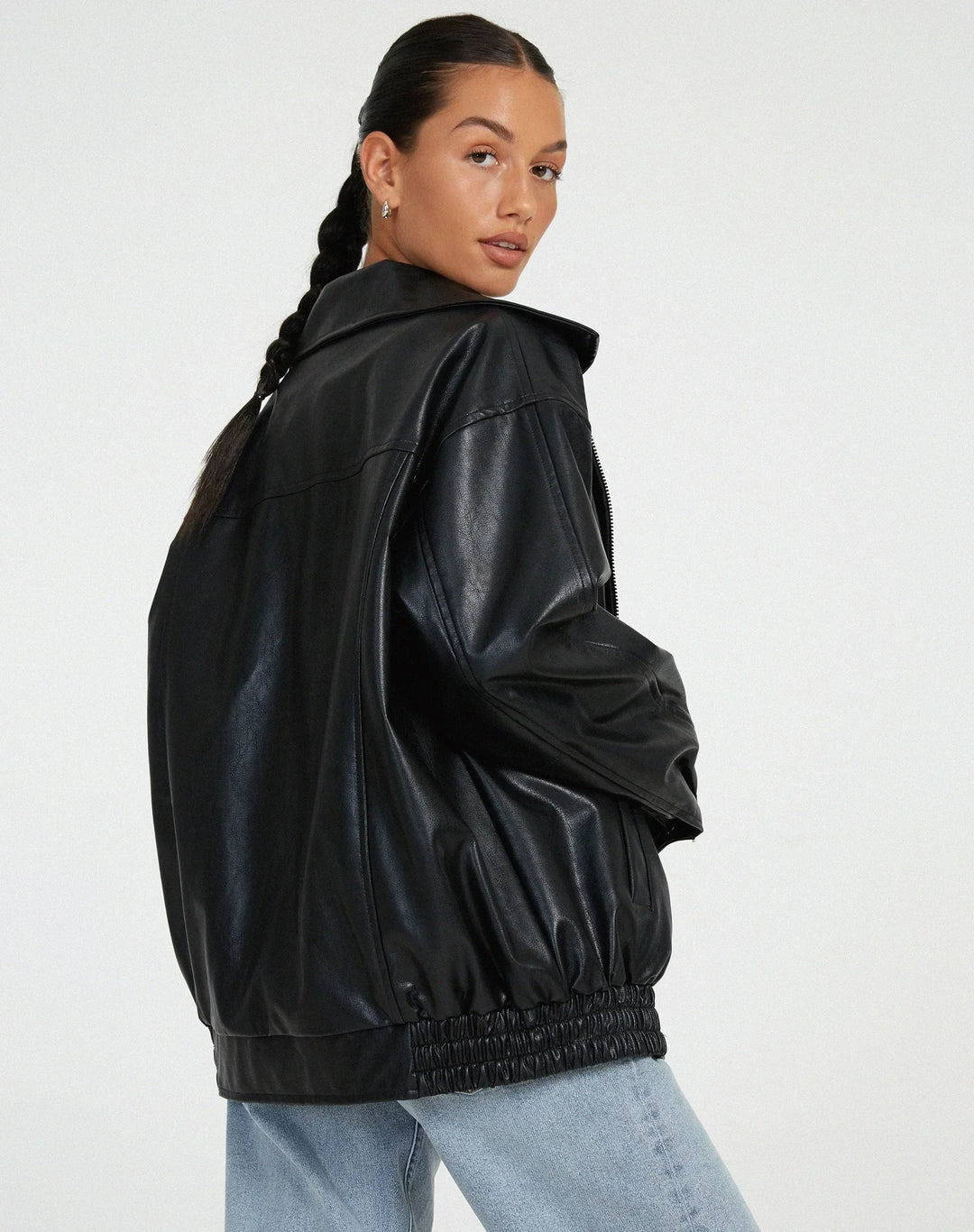 Women's Oversized Faux Leather Jacket, Collared – Front Zip